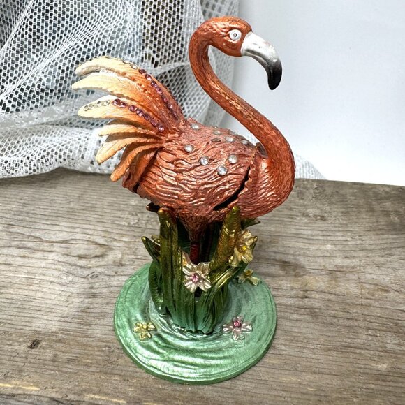Vintage Enamel Flamingo Trinket Box With Rhinestones & Hinged Lid On Decorative - Picture 4 of 8